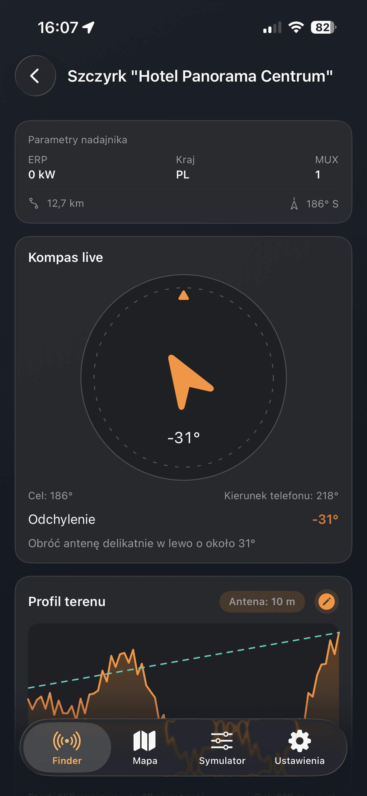 DVB-T Finder Map transmitter details and live compass