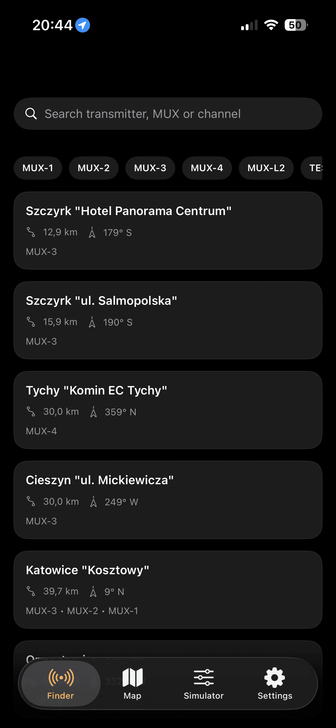 DVB-T Finder Map finder shortlist screen