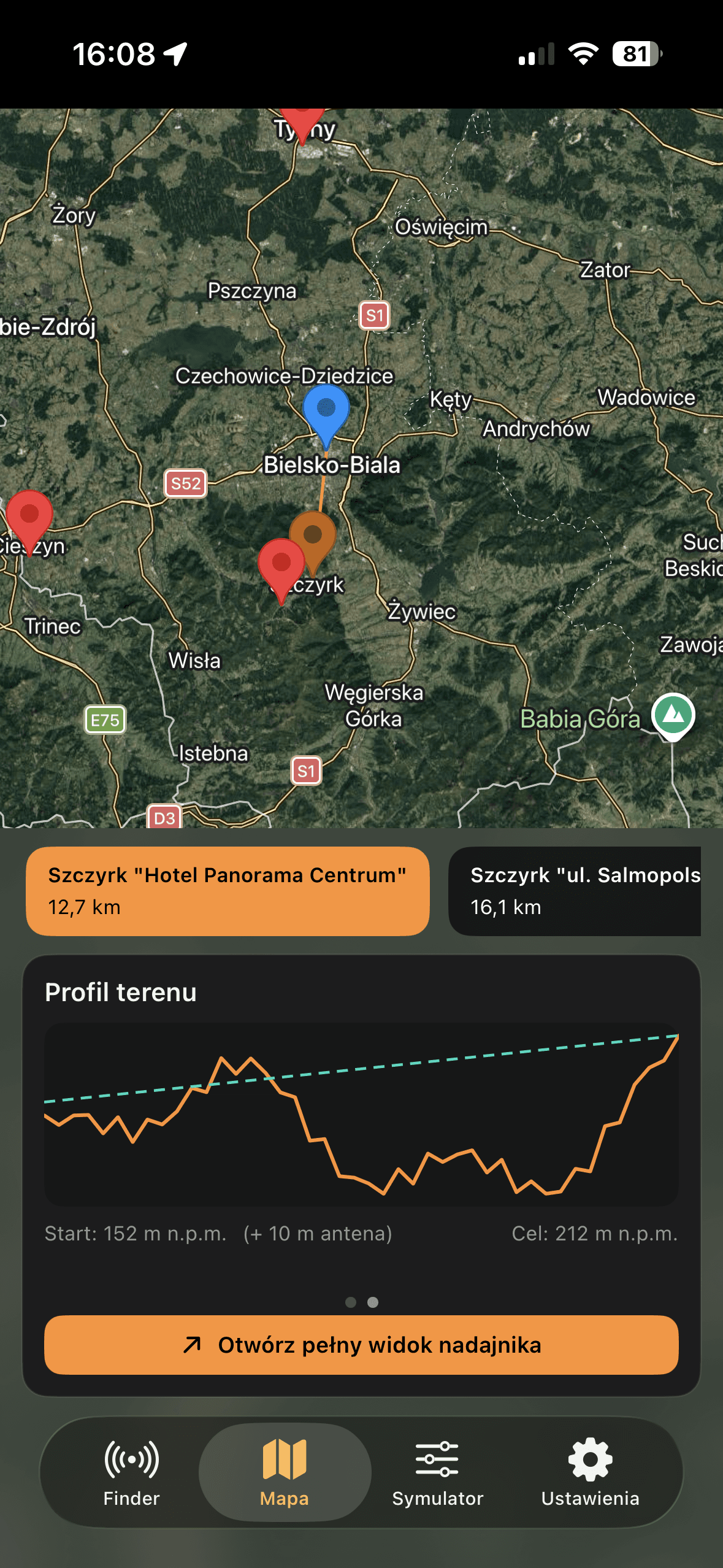 DVB-T Finder Map map and terrain profile